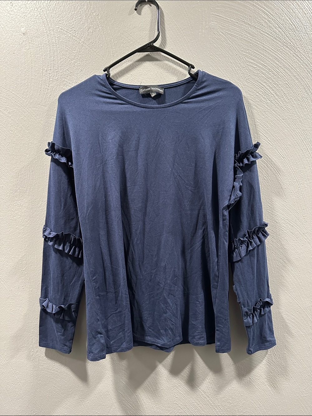 Catherine Malandrino Navy Blue Ruffle-Trim Long Sleeve Tee